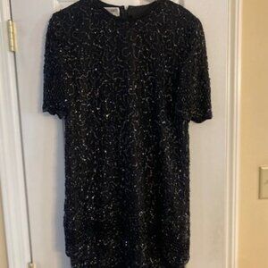 BRILLIANTE by JA Sequins Lace Formal Tiered Dress Black Sleeves Party Size Large